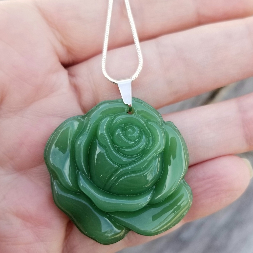 Large Green Obsidian Rose Pendant Necklace Sterling Silver Rose Necklace